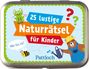 „25 lustige Naturrätsel für Kinder“; „Wer bin ich?“ Biene, Frosch mit Blume, Bär mit Gießkanne.