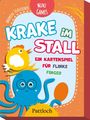 Titel: "Krake im Stall", ein Kartenspiel für flinke Finger. Illustration einer blauen Krake und eines gelben Kükens.