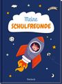 "Meine Schulfreunde" in einer Wolke, darunter eine Illustration von Affe in Rakete mit Sternen, Mond und Papierflieger.