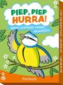 "Piep, Piep Hurra! Mein lustiges Vogelquartett." Illustration: Ein fröhlicher Vogel auf einem Ast, grüner Hintergrund.