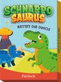 "Schnapposaurus: Rettet die Dinos" steht über zwei fröhlichen Dinosauriern vor Vulkan. Unten steht "Pattloch".