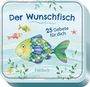 „Der Wunschfisch, 25 Gebete für dich, Pattloch.“ Illustration eines bunten Fisches mit drei kleineren Fischen.