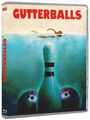 "GUTTERBALLS" steht in roten Buchstaben. Illustration: Schwimmer über Wasser, Bowlingkegel und zwei Kugeln darunter.