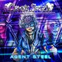 "CRYING STEEL" oben, "AGENT STEEL" unten. Illustration einer futuristischen Person mit Headset, hinter geometrischen Mustern.