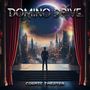 "DOMINO DRIVE", "COSMIC THEATER"; ein Mann steht auf einer Bühne vor einer futuristischen Stadt unter einem riesigen Planeten.