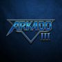 „ARKADO III“ in blauer metallic Schrift vor dunkelblauem Hintergrund, isometrisch und teils dreieckiges Design.