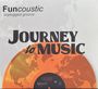 Text: "Funcoustic unplugged groove. JOURNEY to MUSIC." 
Ein Vinyl-Design mit Weltkartenmotiv ist erkennbar.