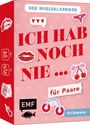 „Der Spieleklassiker. Ich hab noch nie... für Paare. 64 Karten.“ Illustration mit Herzen, Lippen, Kirschen, Würfeln.