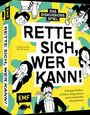 "RETTE SICH, WER KANN! DAS DISKUSSIONSSPIEL" steht auf einem gelben Hintergrund mit gezeichneten Figuren, die erstaunt wirken.