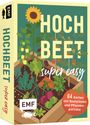 Text: "Hochbeet super easy", "64 Karten mit Beetplänen und Pflanzenporträts". Illustration eines Hochbeets mit Pflanzen.