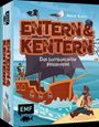"ENTERN & KENTERN: Das bombastische Piratenspiel". Illustration eines Piratenschiffs und eines Piraten am Strand.