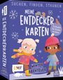 „Suchen, finden, staunen. Meine Entdeckerkarten: Winter Abenteuer.“ Zwei Kinder in Winterkleidung, Schnee und Tiere.