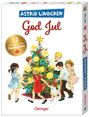 Text: "Astrid Lindgren, God Jul, 12 weihnachtliche Postkarten, Oetinger." Illustration von Kindern um einen geschmückten Weihnachtsbaum.