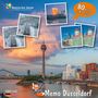 "Rheinischer Verein", "80 Karten + Broschüre", "Memo Düsseldorf"; FindeFuxx Illustration, Fernsehturm Düsseldorf im Hintergrund.