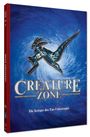 „CREATURE ZONE“, „Die Krieger des Tao-Universums“. Illustration: ein stilisierter Dinosaurier auf blauem Hintergrund.