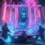 „Get Over Here“ in Neonfarben. Illustration mit Auto, Silhouetten und Totenkopf, alles in leuchtendem Pink und Blau.