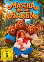 „Mascha und die Bären.“ Drei Bären und ein Mädchen in roter Jacke mit einem Lamm im Arm. Wald und Hütte im Hintergrund.