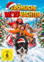 "FRÖHLICHE WAUNACHTEN" steht in großen Buchstaben. Eine Familie und ein Hund rodeln fröhlich den Hügel hinunter, umgeben von Schnee.