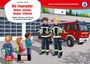 „Die Feuerwehr: Retten, Löschen, Bergen, Schützen“ steht über zwei Feuerwehrleuten. Drei Kinder schauen zu ihnen auf.