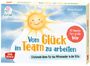 "Vom Glück im Team zu arbeiten", "30 Impulse fürs große Wir", Illustration einer lächelnden Sonne mit blauen und gelben Tönen.