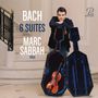 "Bach 6 Suites Marc Sabbah Viola" steht links. Mann lehnt an offenem Geigenkoffer auf einer Treppe.