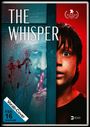 "The Whisper" in großen Buchstaben. Kind erschreckt, Gesicht zur Hälfte sichtbar. Zeichnungen und Gesicht eines Mannes im Hintergrund.