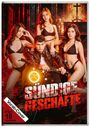 Text: "SÜNDIGE GESCHÄFTE", "Vorab-Cover", "FSK 18 beantragt". Ein Mann auf einem Motorrad, umgeben von vier Frauen in Bikinis.