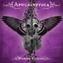 "Apocalyptica", "Worlds Collide"; Illustration: Eine Geige mit Totenkopf und Flügeln auf violettem Hintergrund.