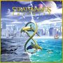 Text: "Stratovarius Infinite". Illustration: Eine futuristische Stadt links, ein Ozean rechts, verbunden durch ein Unendlichkeitssymbol mit Delfinen.