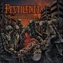 "Pestilence, Bangkok Bloodshed." Mehrere Skelette in zerrissener Kleidung greifen eine Person an, Stadt im Hintergrund.