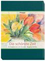 "Präsenz Leben" oben, "Die schönste Zeit" unten. Aquarell von bunten Tulpen in einer Vase.