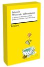 "Janosch Worte der Lebenskunst. 52 Karten mit Antworten auf die großen und kleinen Fragen des Alltags. Reclam." Illustration: Tier schwingt an einem Regenschirm über eine gepunktete Tasse.