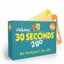 "Holiday 30 SECONDS 2go. Das Partyspiel für alle!" Verpackung, blau mit einem lächelnden Maskenlogo und "NEU"-Sticker.