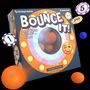 "Bounce It! Das Runde muss ins... Runde. Denkverlag. Illustration von bunten Spielchips und Bällen um eine Schachtel."