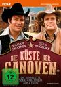 Text: "Western-Klassiker", "William Shatner", "Doug McClure", "Die Küste der Ganoven", "FSK ab 12", "Serie + Pilotfilm auf 4 DVDs". Zwei Männer in Cowboyhüten vor einer Westernstadt. Oben in orange ist das PIDAX-Logo.