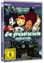 "Die Gruselschule - Komplettbox, alle 26 Folgen auf 2 DVDs." Illustration von vier erschrockenen Figuren vor einer Spukschule.