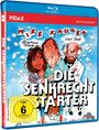 Aufschrift: "Die Senkrechtstarter". Darüber sind drei gezeichnete Personen. Links: Frau, Mitte: Mann, rechts: älterer Mann.