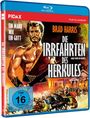 Ein muskulöser Mann in Rüstung, Kulisse mit brennenden Gebäuden. Texte: "Die Irrfahrten des Herkules", "Ein Mann wie ein Gott".