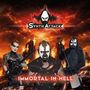 Text: "Synth Attack", "Immortal in Hell". Drei Personen mit dramatischem Makeup vor brennender Stadt.