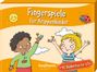 "Fingerspiele für Krippenkinder." Zwei fröhliche Kinder heben die Hände, auf denen Spielzeug sitzt, Sonne und Marienkäfer.
