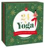 "24 x Yoga" im Zentrum, rotes Banner: "Entspannt durch den Advent", grüner Hintergrund mit weihnachtlichen Mustern.