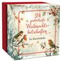 "24 zauberhafte Weihnachtsbotschaften. Ein Adventskalender." Illustration mit Rotkehlchen auf verschneiten Ästen.