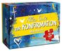 "Alles Gute zur Konfirmation" steht auf gelbem Band. Mini-Puzzle, 56 Teile. Bunte Box mit Herzen und Vögeln.
