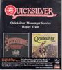 "QUICKSILVER Messenger Service Happy Trails" in großer Schrift. Zwei Albumcover: links rot-schwarz, rechts Cowboy-Motiv.
