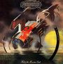 "Hawkwind" steht oben, "Hall of the Mountain Grill" unten. Sci-Fi-Illustration mit Raumschiff und surrealer Landschaft.