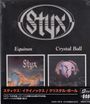 "Equinox", "Crystal Ball" in weiß; Logo "STYX" darüber. Zwei Albumcover mit surrealen Szenerien. Japanischer Text unten.