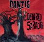 "DANZIG" und "DETH RED SABOATH" auf rotem Hintergrund, Skelettfigur in dunklem Gewand mit Kerzenleuchter und Baum.