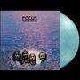 Text: "FOCUS MOVING WAVES". Cover zeigt vier Männer, teilweise von blauen Wellen umgeben. Eine türkisfarbene Schallplatte.