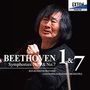 "BEETHOVEN Symphonies No. 1 & No. 7" steht in großen Buchstaben. Ein Dirigent mit dunklem Haar dirigiert energisch.