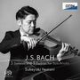 J.S. Bach, 3 Sonatas and 3 Partitas for Solo Violin, Sukeyuki Iwatani, Exton-Logo, Mann mit Violine in schwarz-weiß.